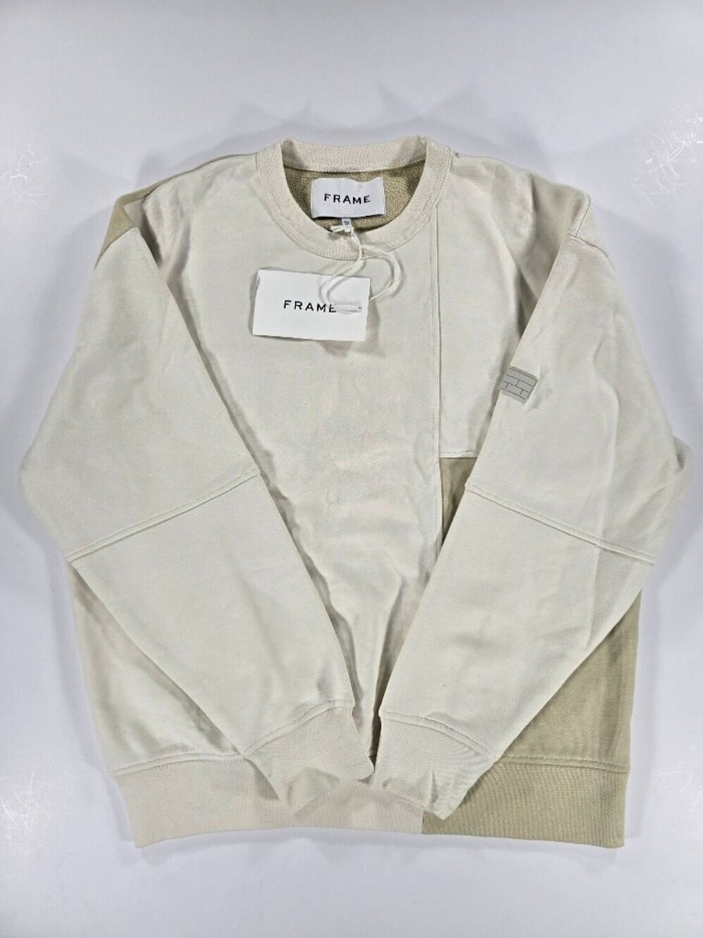 NEW FRAME Blocking Sweatshirt Colorblock Terry Oversized XS Womens Cream Tan NWT